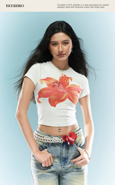 Beer Cropped Flower Graphic T-Shirt-korean-fashion-T-Shirt-Beer's Closet-OH Garments