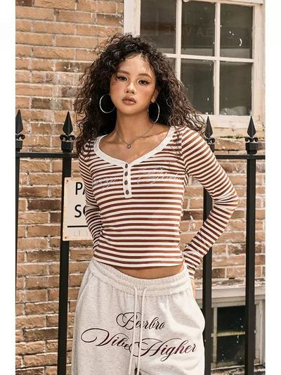 Beer Lettered Stripes Cropped Long Sleeve T-Shirt-korean-fashion-T-Shirt-Beer's Closet-OH Garments