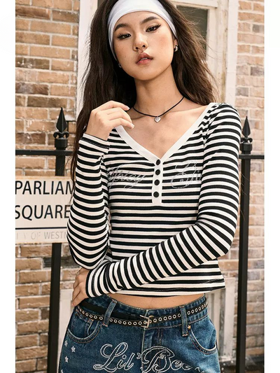 Beer Lettered Stripes Cropped Long Sleeve T-Shirt-korean-fashion-T-Shirt-Beer's Closet-OH Garments