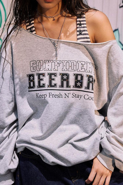 Beer Off Shoulder Text Crewneck-korean-fashion-Crewneck-Beer's Closet-OH Garments