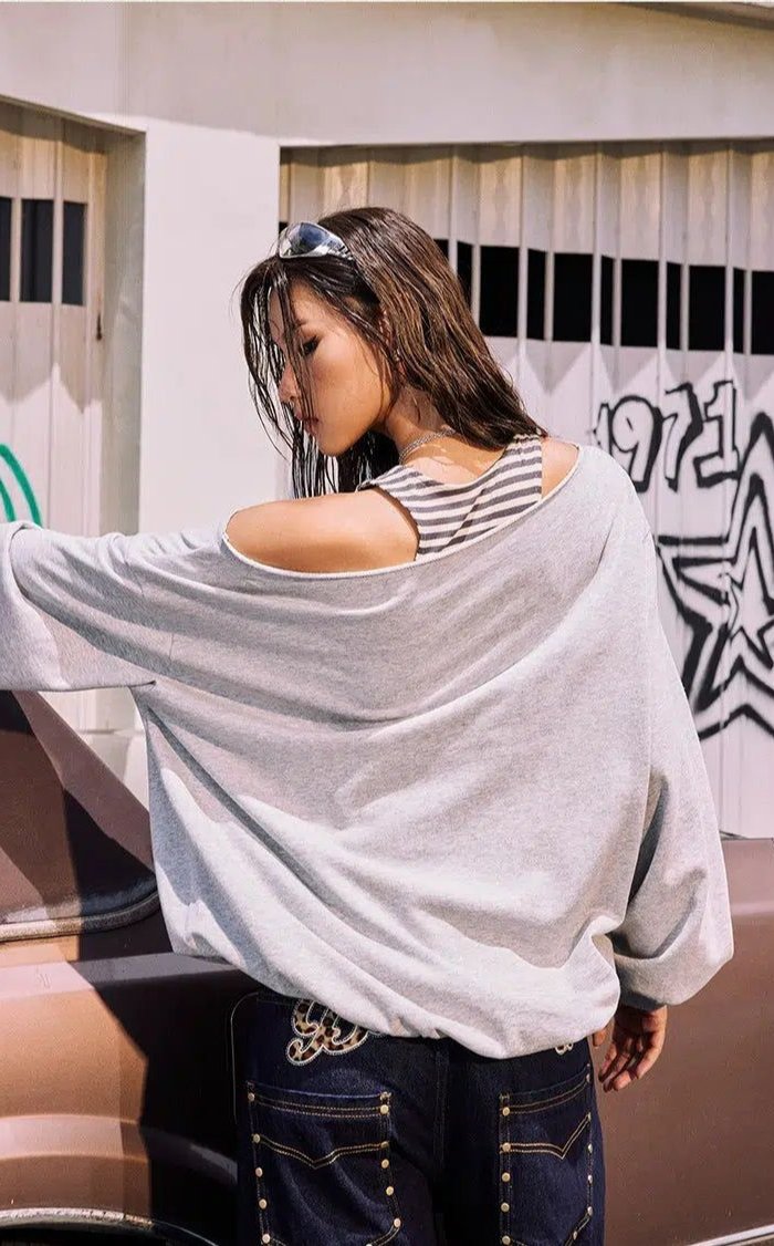 Beer Off Shoulder Text Crewneck-korean-fashion-Crewneck-Beer's Closet-OH Garments