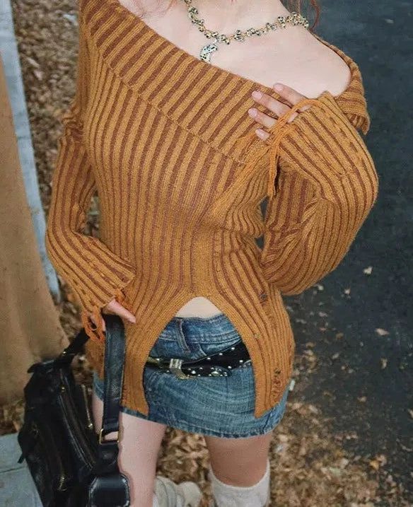 Beer One-Shoulder Ripped Knit Blouse-korean-fashion-Blouse-Beer's Closet-OH Garments