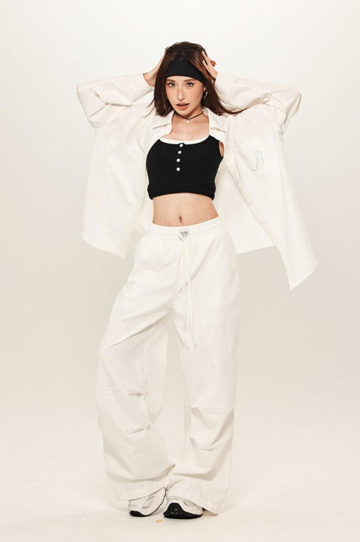 Beer Plain & Stripes Shirt, Drawstring Shorts & Elasticated Pleats Pants Set-korean-fashion-Clothing Set-Beer's Closet-OH Garments