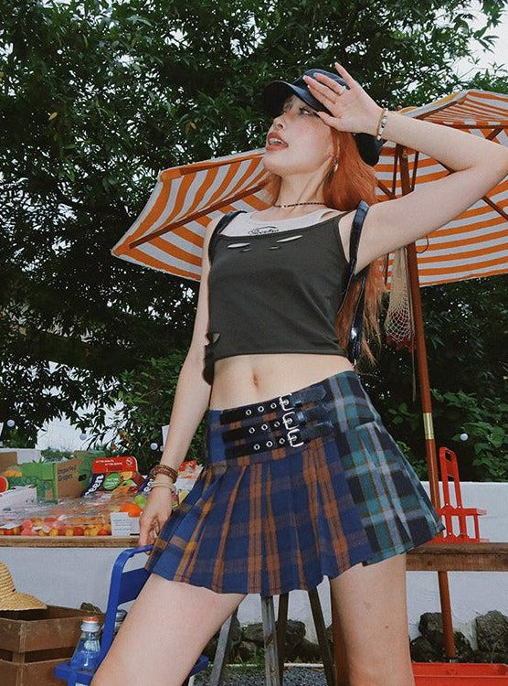 Beer Two Tone Plaid Pleated Skirt-korean-fashion-Skirt-Beer's Closet-OH Garments