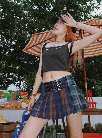 Beer Two Tone Plaid Pleated Skirt-korean-fashion-Skirt-Beer's Closet-OH Garments
