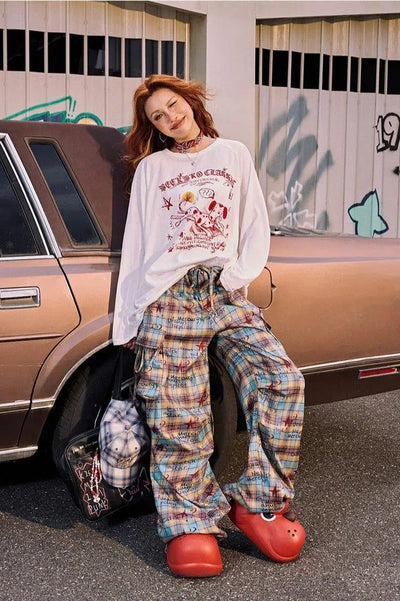 Beer Writings and Plaid Pattern Pants-korean-fashion-Pants-Beer's Closet-OH Garments