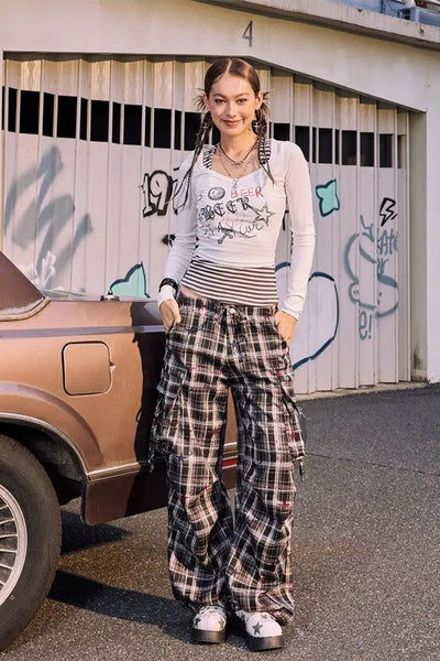 Beer Writings and Plaid Pattern Pants-korean-fashion-Pants-Beer's Closet-OH Garments