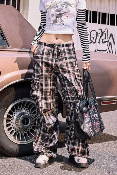 Beer Writings and Plaid Pattern Pants-korean-fashion-Pants-Beer's Closet-OH Garments