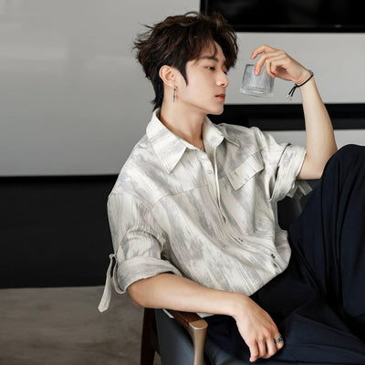 Chuan Abstract Print Strapped Sleeves Shirt-korean-fashion-Shirt-Chuan's Closet-OH Garments