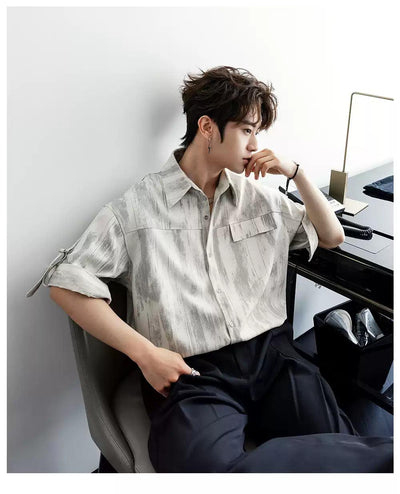 Chuan Abstract Print Strapped Sleeves Shirt-korean-fashion-Shirt-Chuan's Closet-OH Garments