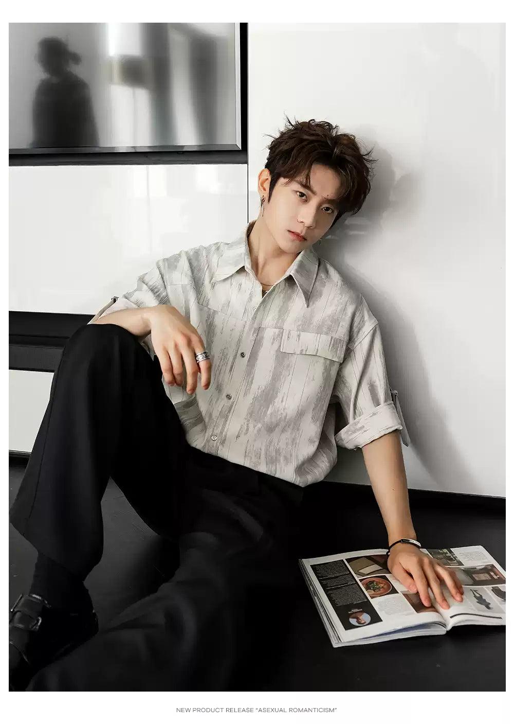 Chuan Abstract Print Strapped Sleeves Shirt-korean-fashion-Shirt-Chuan's Closet-OH Garments