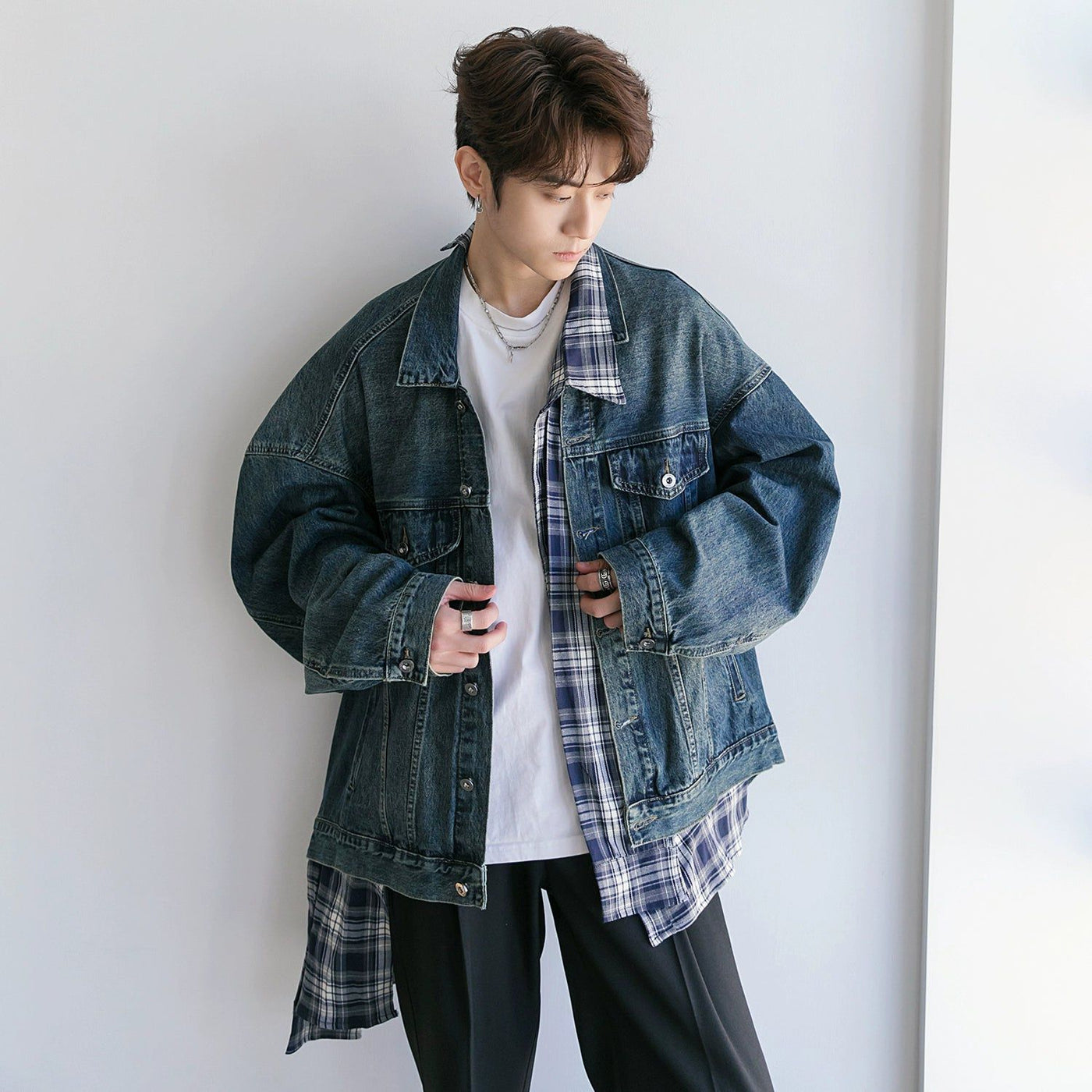 Chuan Asymmetric Plaid Denim Jacket-korean-fashion-Jacket-Chuan's Closet-OH Garments