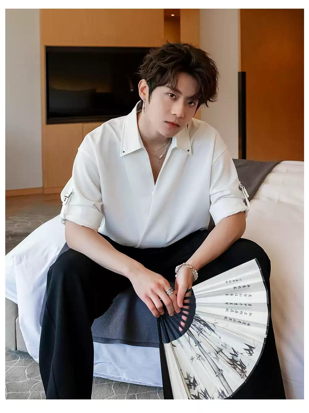 Chuan Belt Strap Sleeves Shirt-korean-fashion-Shirt-Chuan's Closet-OH Garments
