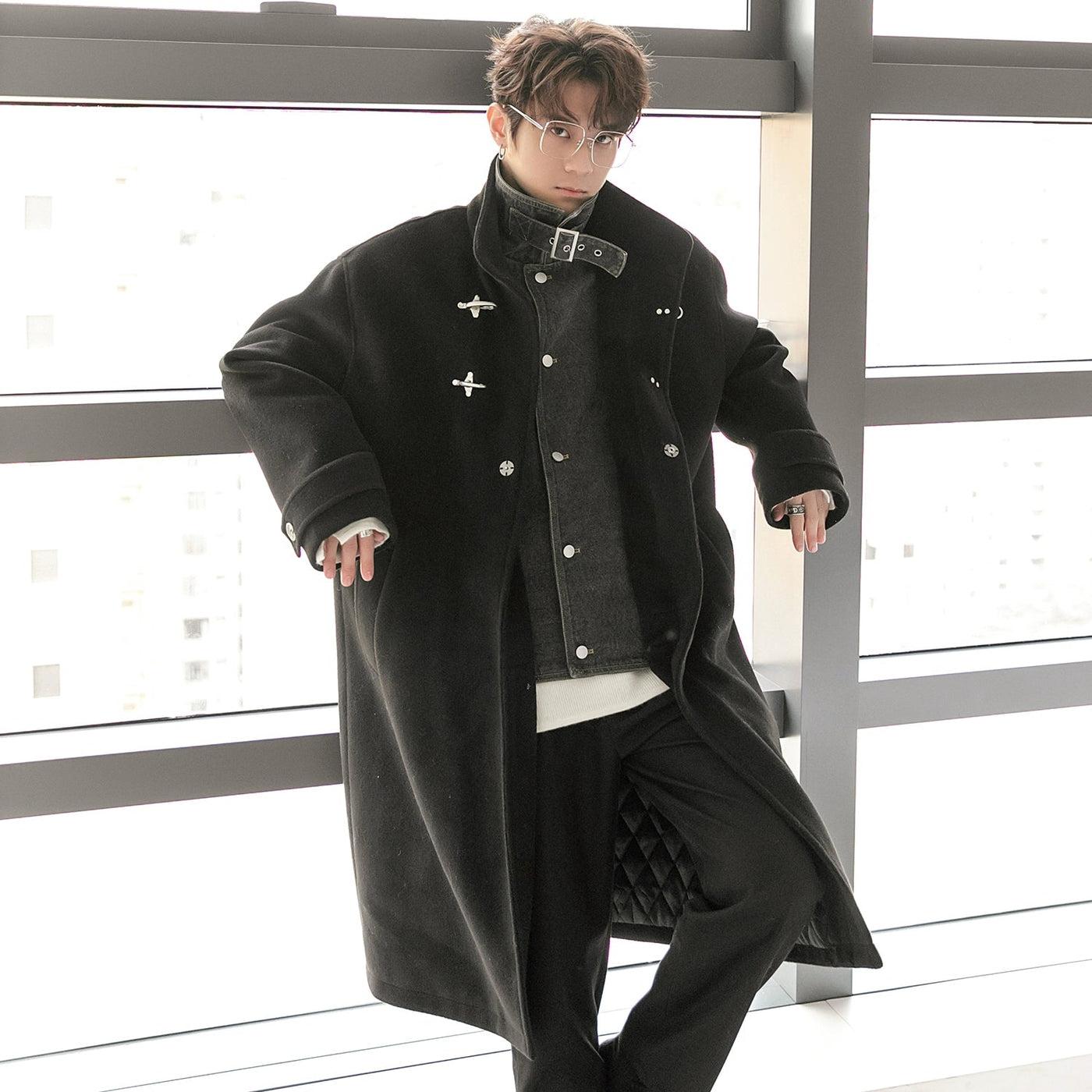 Chuan Buckle Buttons Spliced Denim Long Coat-korean-fashion-Long Coat-Chuan's Closet-OH Garments