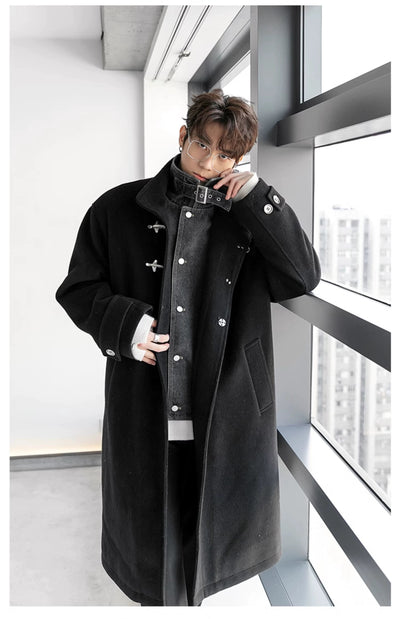 Chuan Buckle Buttons Spliced Denim Long Coat-korean-fashion-Long Coat-Chuan's Closet-OH Garments