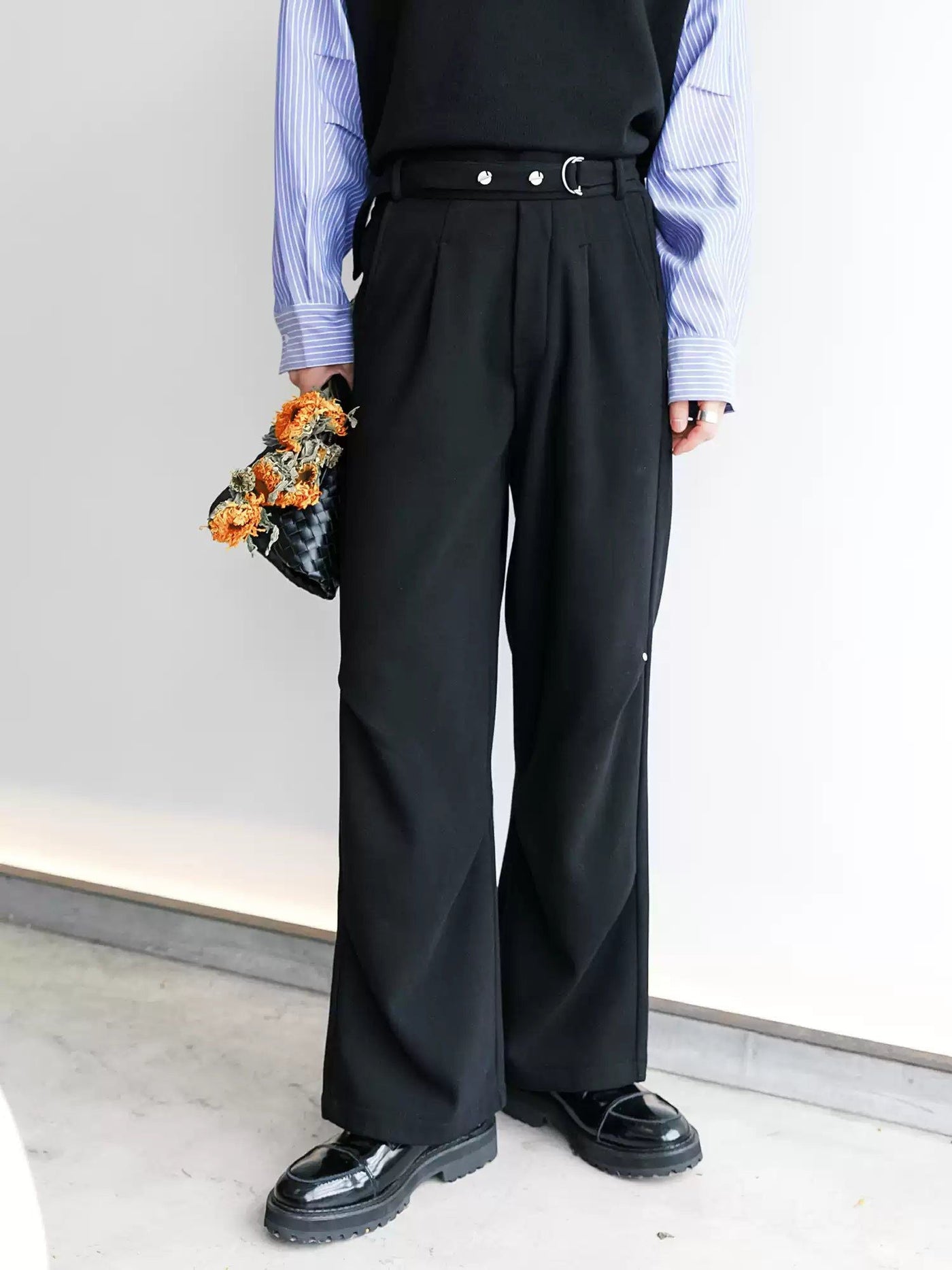 Chuan Buckled Belt Pleated Pants-korean-fashion-Pants-Chuan's Closet-OH Garments