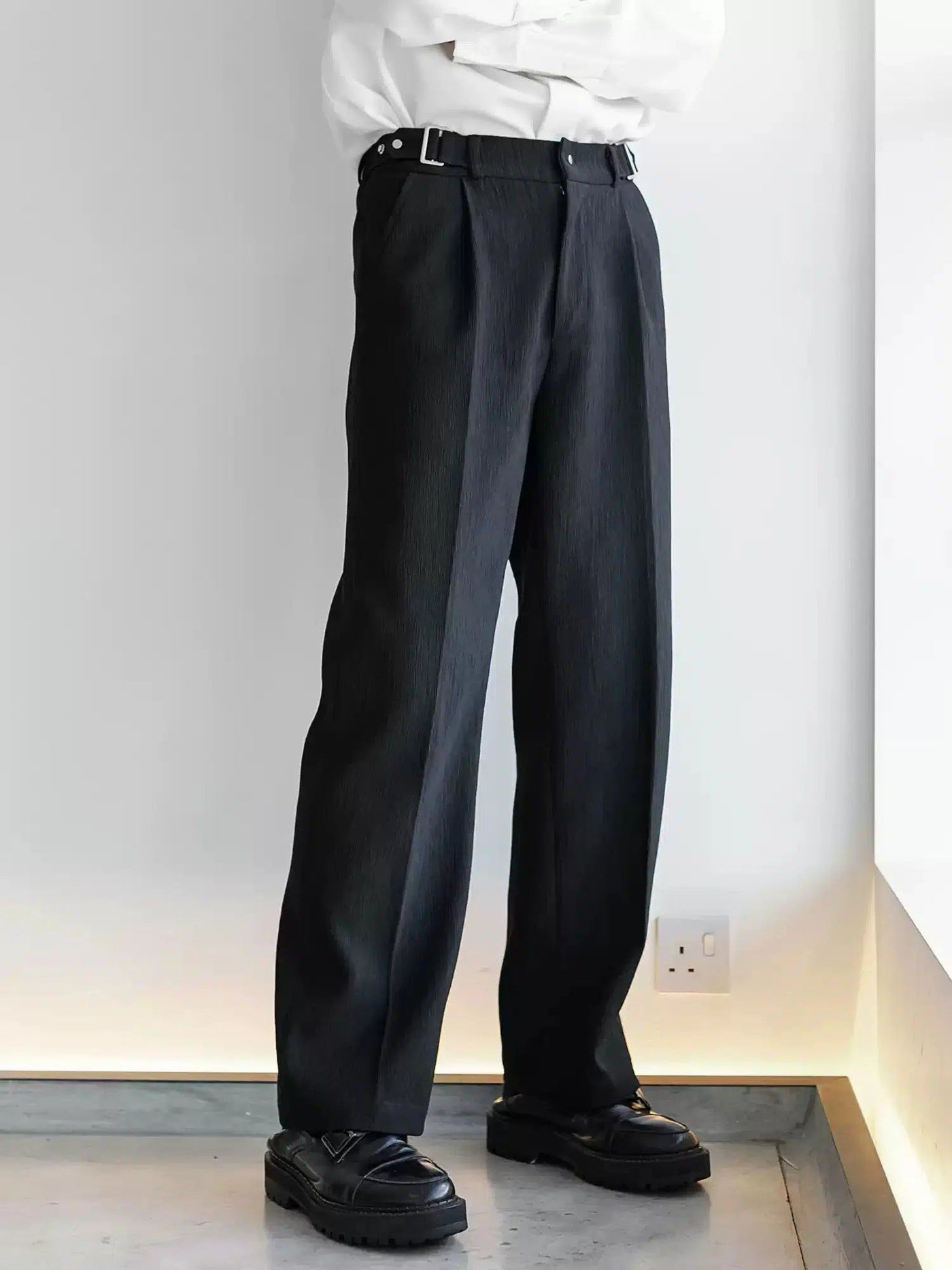 Chuan Buckled Detail Straight Trousers-korean-fashion-Trousers-Chuan's Closet-OH Garments