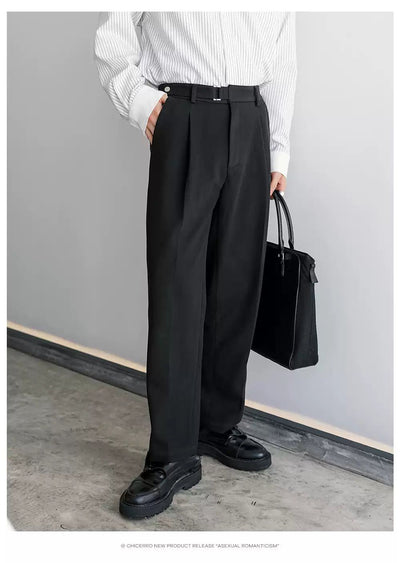 Chuan Buckled Strap Belt Straight Trousers-korean-fashion-Trousers-Chuan's Closet-OH Garments