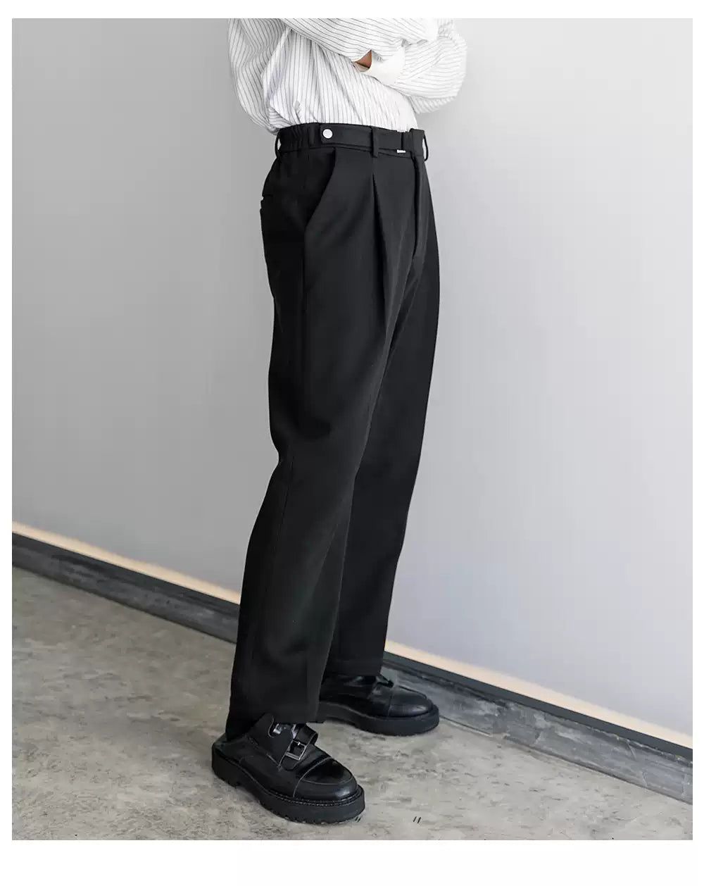 Chuan Buckled Strap Belt Straight Trousers-korean-fashion-Trousers-Chuan's Closet-OH Garments