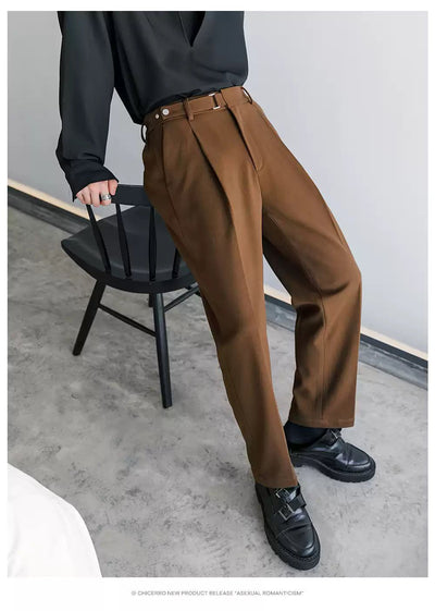 Chuan Buckled Strap Belt Straight Trousers-korean-fashion-Trousers-Chuan's Closet-OH Garments