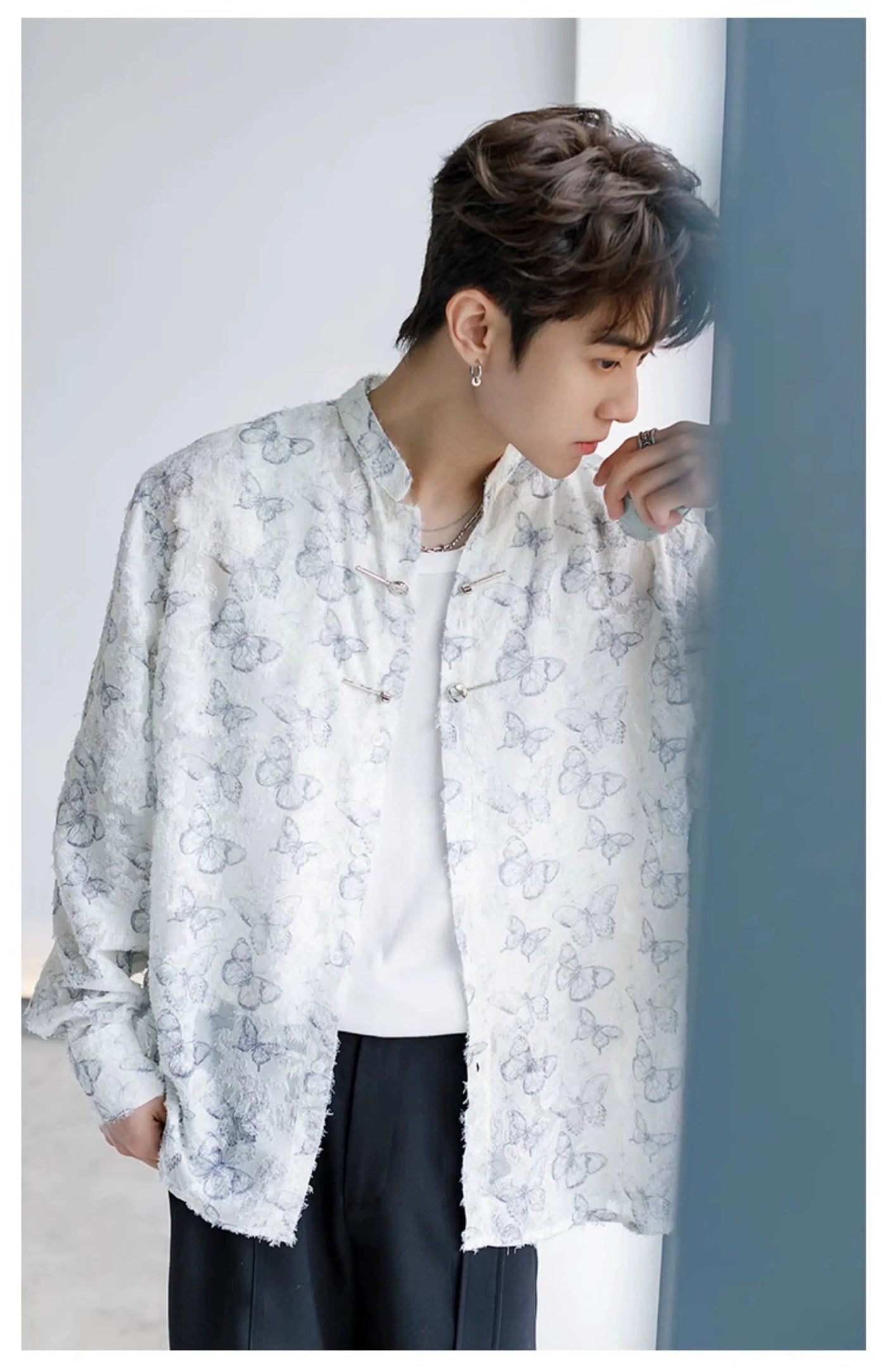 Chuan Butterfly Print Plate Buttons Shirt-korean-fashion-Shirt-Chuan's Closet-OH Garments