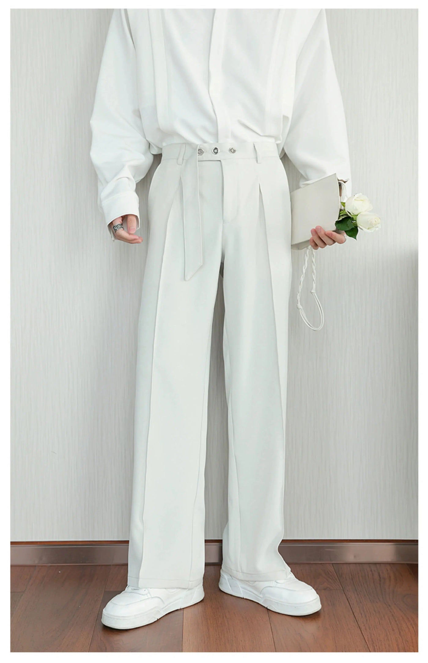 Chuan Buttoned Cloth Belt Pants-korean-fashion-Pants-Chuan's Closet-OH Garments