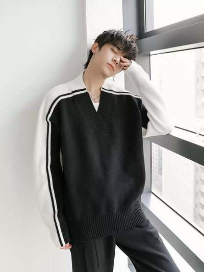 Chuan B&W Sports V-Neck Sweater-korean-fashion-Sweater-Chuan's Closet-OH Garments