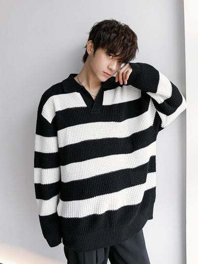 Chuan B&W Striped Knit Polo-korean-fashion-Polo-Chuan's Closet-OH Garments