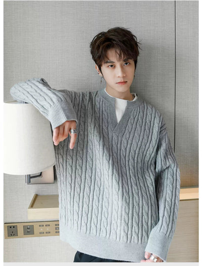 Chuan Cable Pattern Contrast V-Neck Sweater-korean-fashion-Sweater-Chuan's Closet-OH Garments