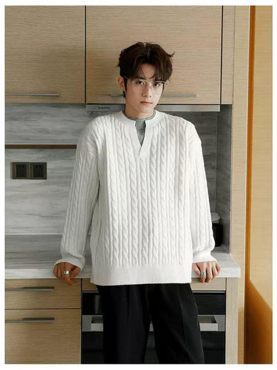 Chuan Cable Pattern Contrast V-Neck Sweater-korean-fashion-Sweater-Chuan's Closet-OH Garments