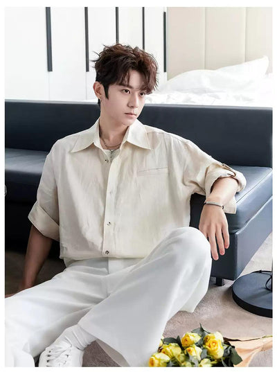 Chuan Casual Folded Sleeve Shirt-korean-fashion-Shirt-Chuan's Closet-OH Garments