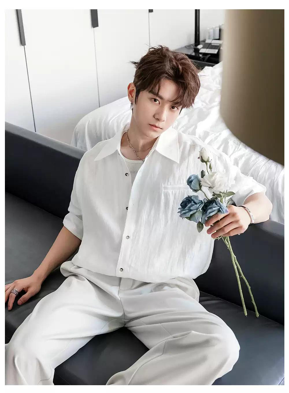Chuan Casual Folded Sleeve Shirt-korean-fashion-Shirt-Chuan's Closet-OH Garments