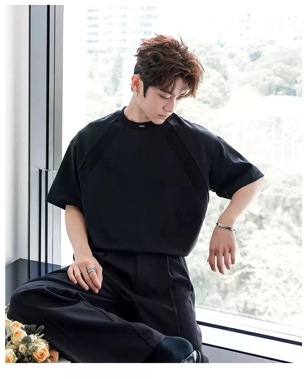 Chuan Casual Stitched Shoulder T-Shirt-korean-fashion-T-Shirt-Chuan's Closet-OH Garments