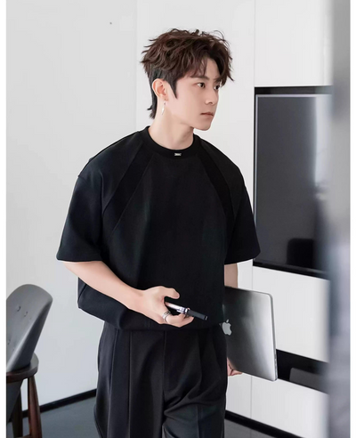Chuan Casual Stitched Shoulder T-Shirt-korean-fashion-T-Shirt-Chuan's Closet-OH Garments