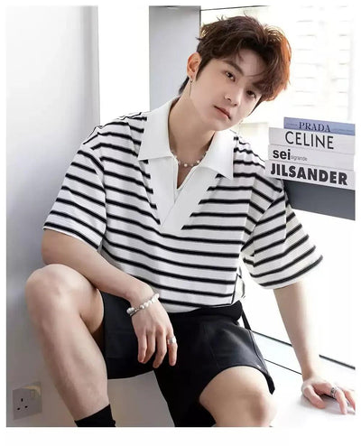 Chuan Casual Striped V-Neck Polo-korean-fashion-Polo-Chuan's Closet-OH Garments