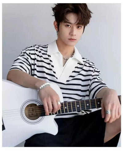 Chuan Casual Striped V-Neck Polo-korean-fashion-Polo-Chuan's Closet-OH Garments
