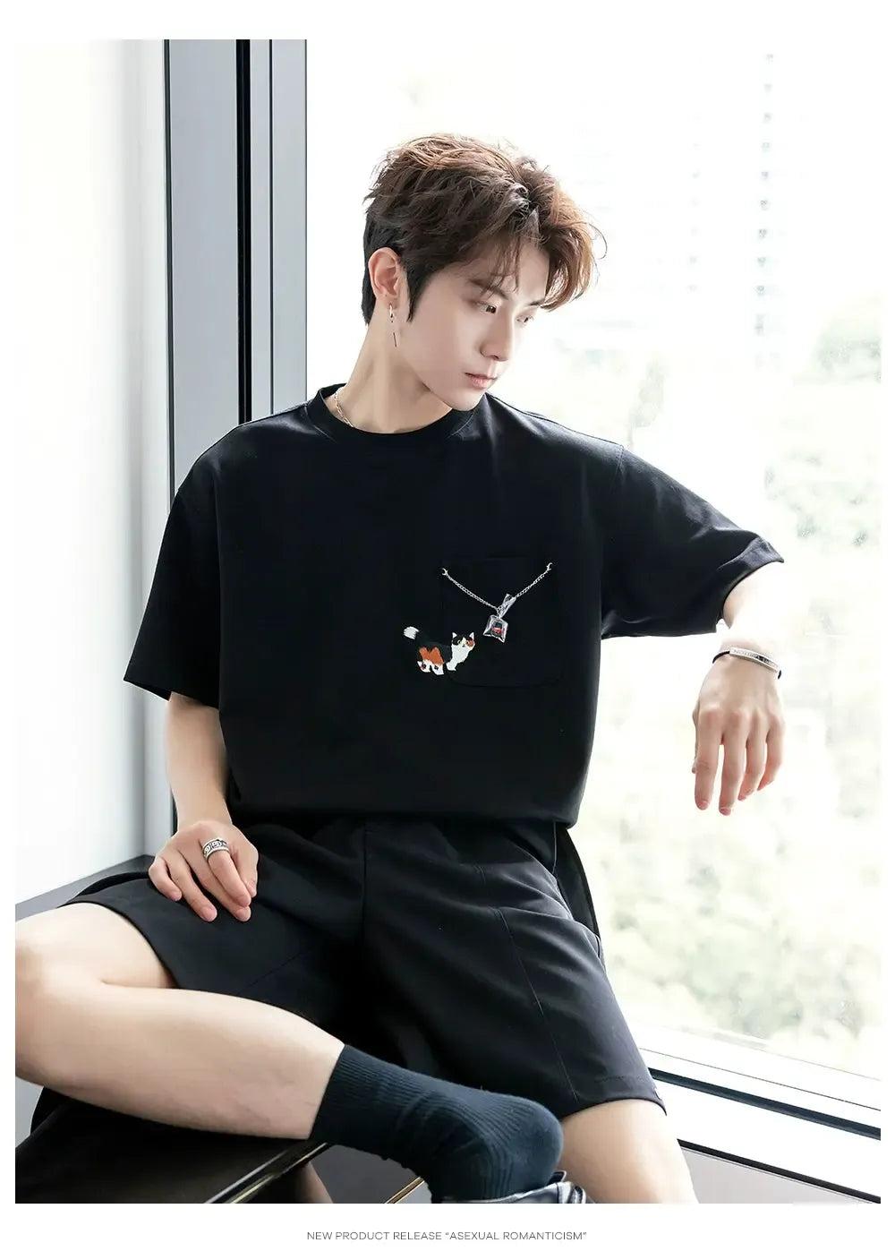 Chuan Cat Chain Pocket T-Shirt-korean-fashion-T-Shirt-Chuan's Closet-OH Garments