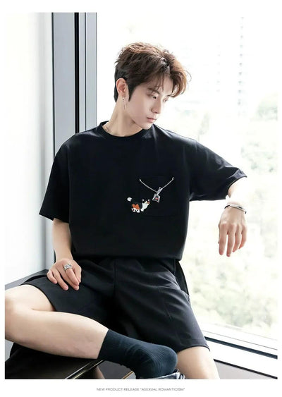 Chuan Cat Chain Pocket T-Shirt-korean-fashion-T-Shirt-Chuan's Closet-OH Garments