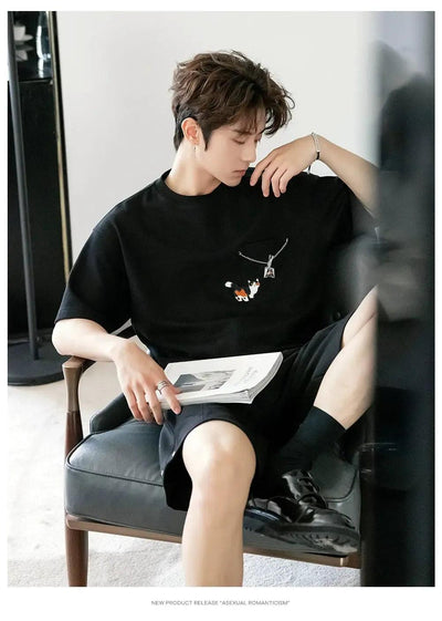 Chuan Cat Chain Pocket T-Shirt-korean-fashion-T-Shirt-Chuan's Closet-OH Garments