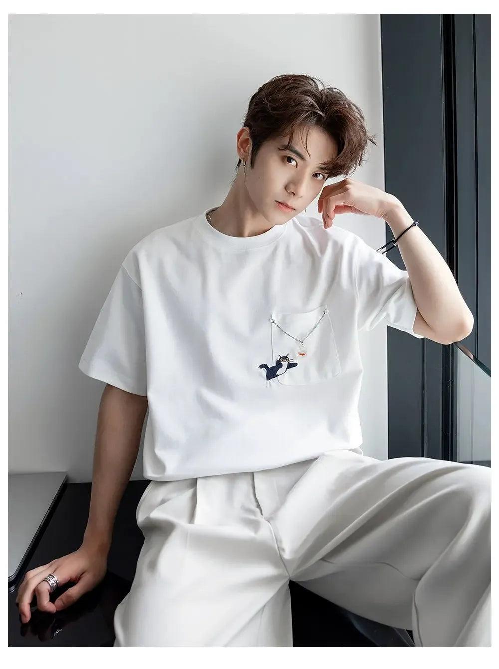 Chuan Cat Chain Pocket T-Shirt-korean-fashion-T-Shirt-Chuan's Closet-OH Garments