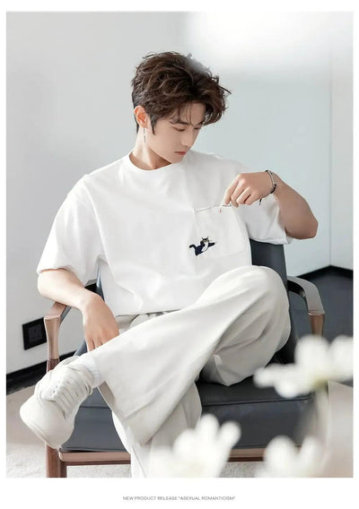 Chuan Cat Chain Pocket T-Shirt-korean-fashion-T-Shirt-Chuan's Closet-OH Garments