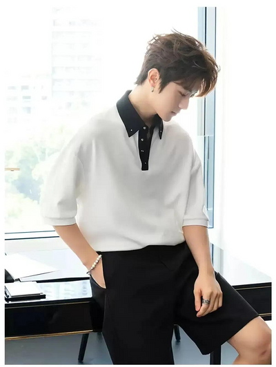 Chuan Contrast Buttoned Collar Polo-korean-fashion-Polo-Chuan's Closet-OH Garments