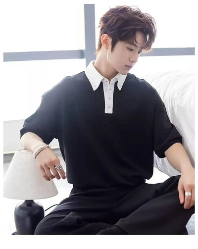 Chuan Contrast Buttoned Collar Polo-korean-fashion-Polo-Chuan's Closet-OH Garments