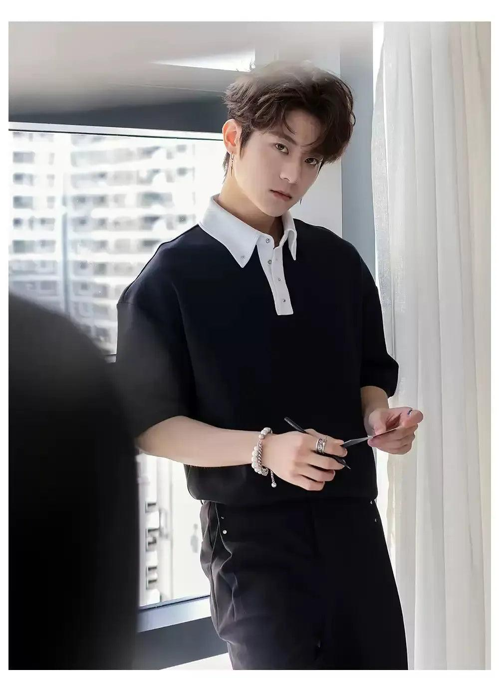 Chuan Contrast Buttoned Collar Polo-korean-fashion-Polo-Chuan's Closet-OH Garments