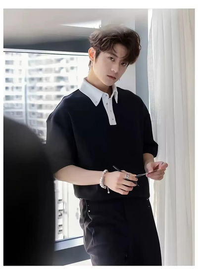 Chuan Contrast Buttoned Collar Polo-korean-fashion-Polo-Chuan's Closet-OH Garments