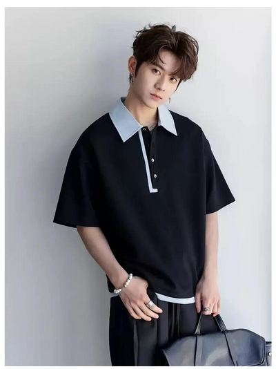 Chuan Contrast Collar Four-Buttoned Polo-korean-fashion-Polo-Chuan's Closet-OH Garments