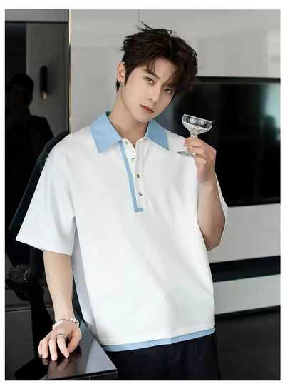 Chuan Contrast Collar Four-Buttoned Polo-korean-fashion-Polo-Chuan's Closet-OH Garments