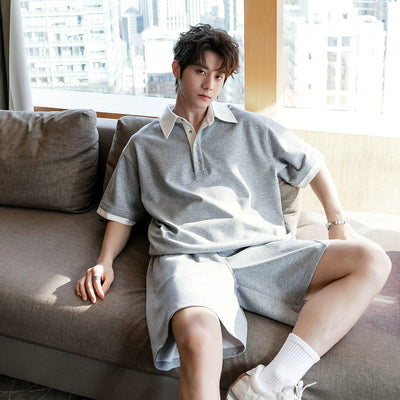 Chuan Contrast Collar Polo & Shorts Set-korean-fashion-Clothing Set-Chuan's Closet-OH Garments