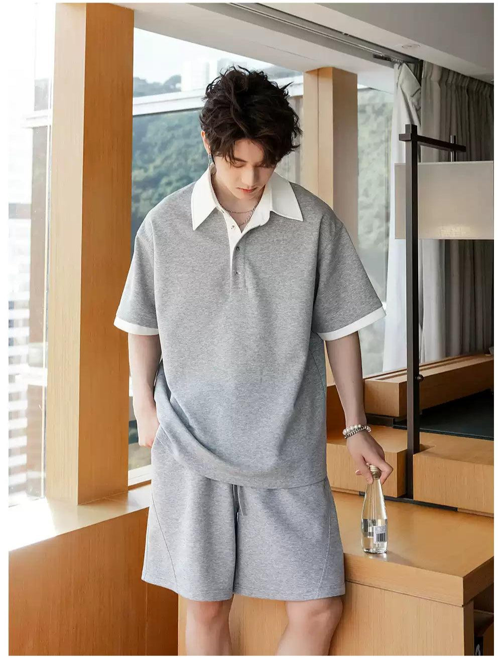 Chuan Contrast Collar Polo & Shorts Set-korean-fashion-Clothing Set-Chuan's Closet-OH Garments