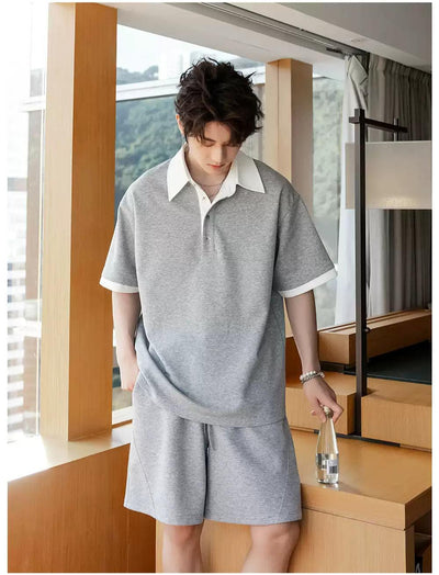 Chuan Contrast Collar Polo & Shorts Set-korean-fashion-Clothing Set-Chuan's Closet-OH Garments